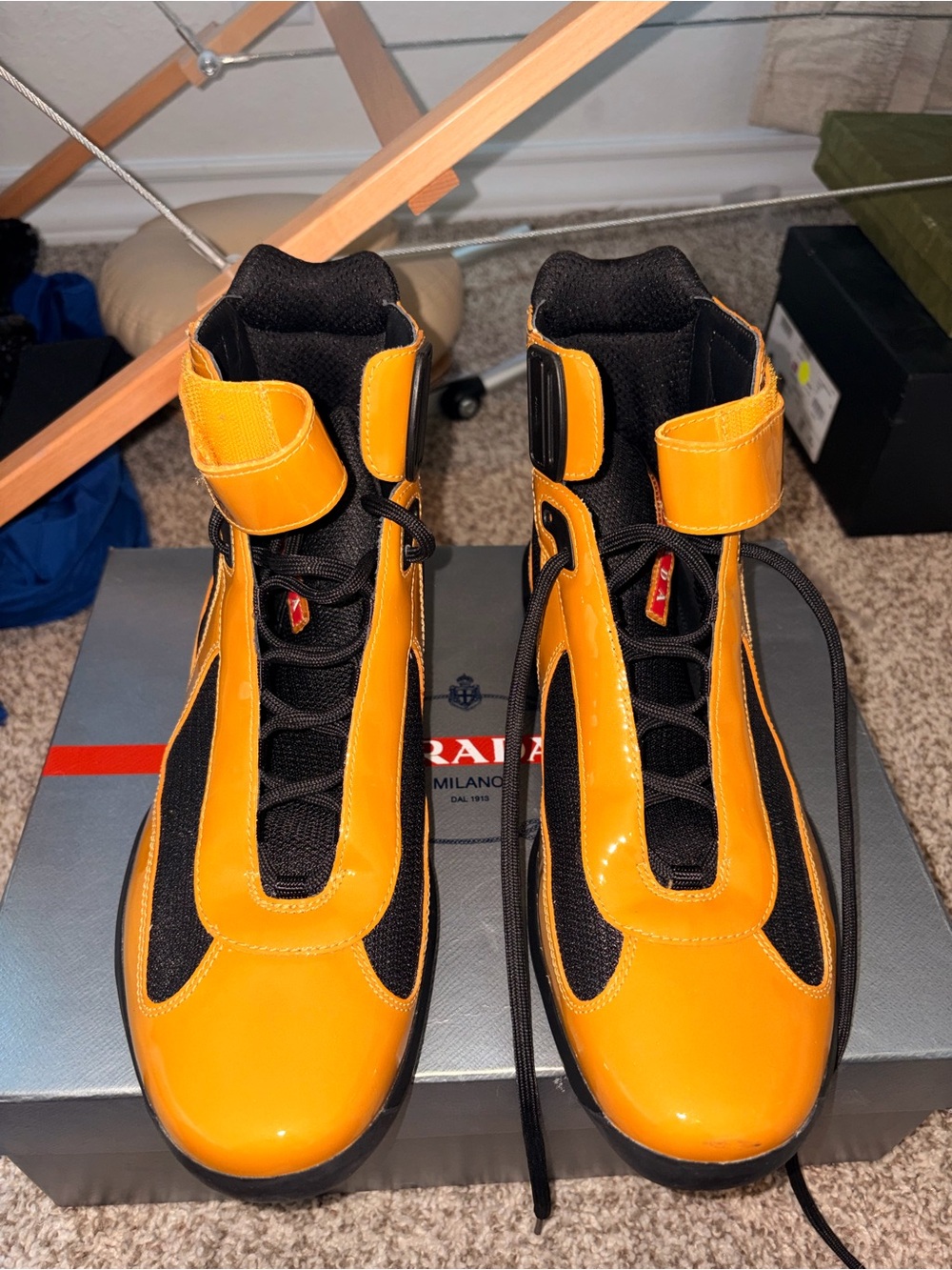 Prada Men's High-Top Lace-Up Sneakers in Orange and Black